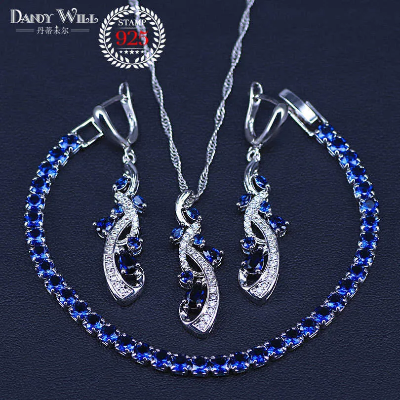 4PCS Blue Cubic Zirconia Silver Color Jewelry Sets For Women Bracelets Necklace Pendant Earrings Sets Pretty Present H1022