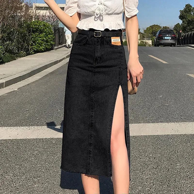 Skirts Side Split Denim Women Summer High Waist Long Jeans With Belt Korean Plus Size Sexy Midi Jupe Femme