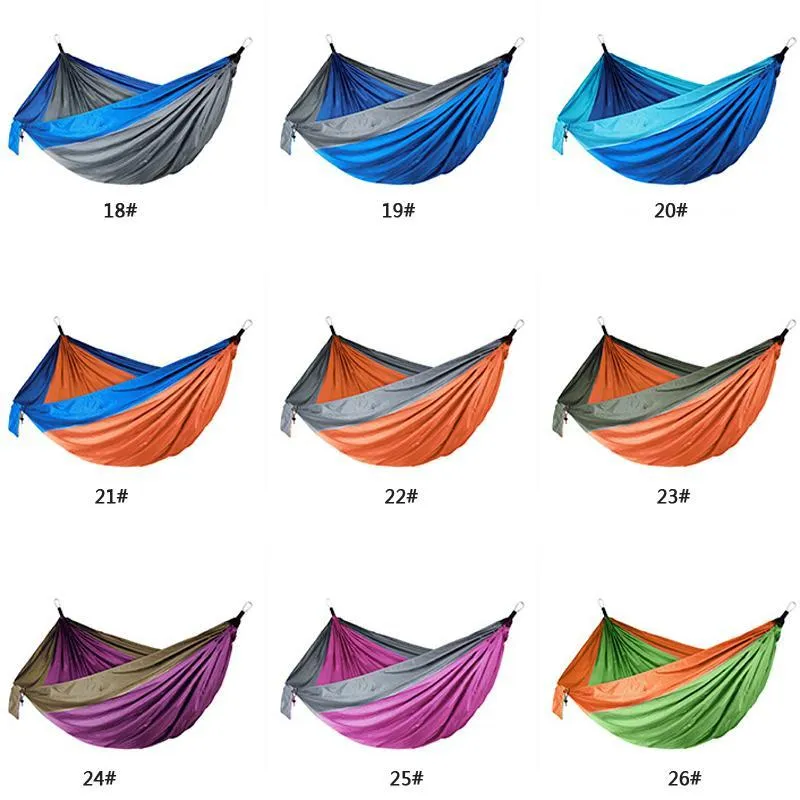 106 * 55 inch buiten parachute doek hangmat opvouwbare veld camping swing hangende bed nylon hangmatten met touwen carabiners 44 kleur