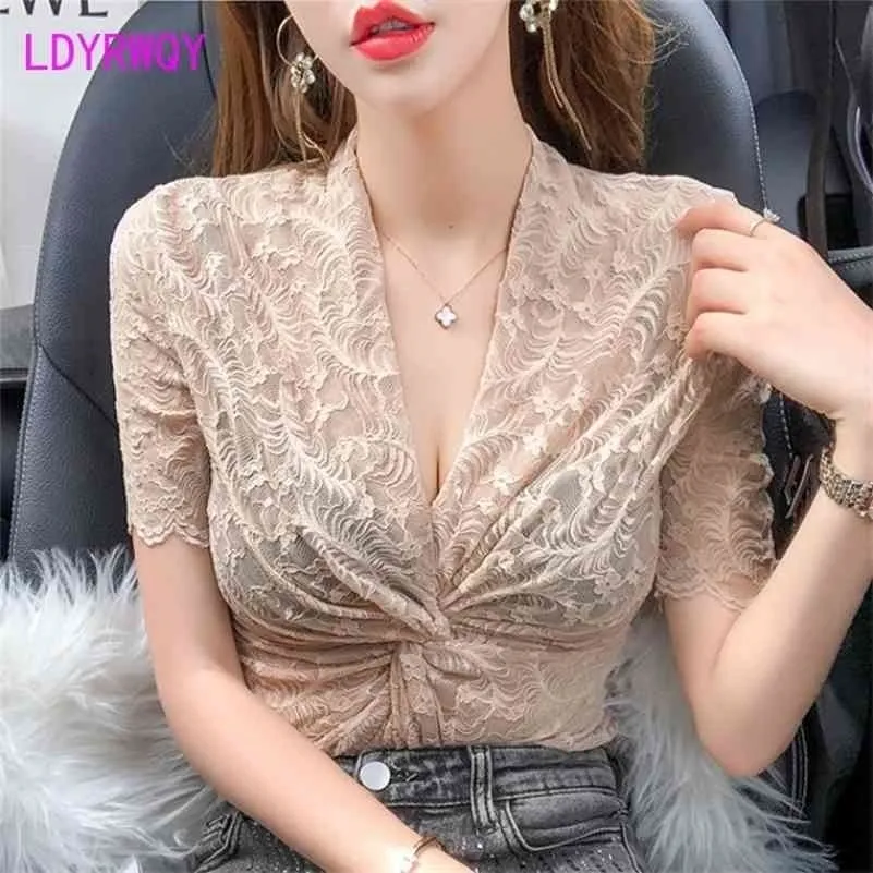 LDYRWQY versione estiva coreana del pizzo intrecciato sexy con camicia in chiffon alla moda con scollo a V profondo 210416