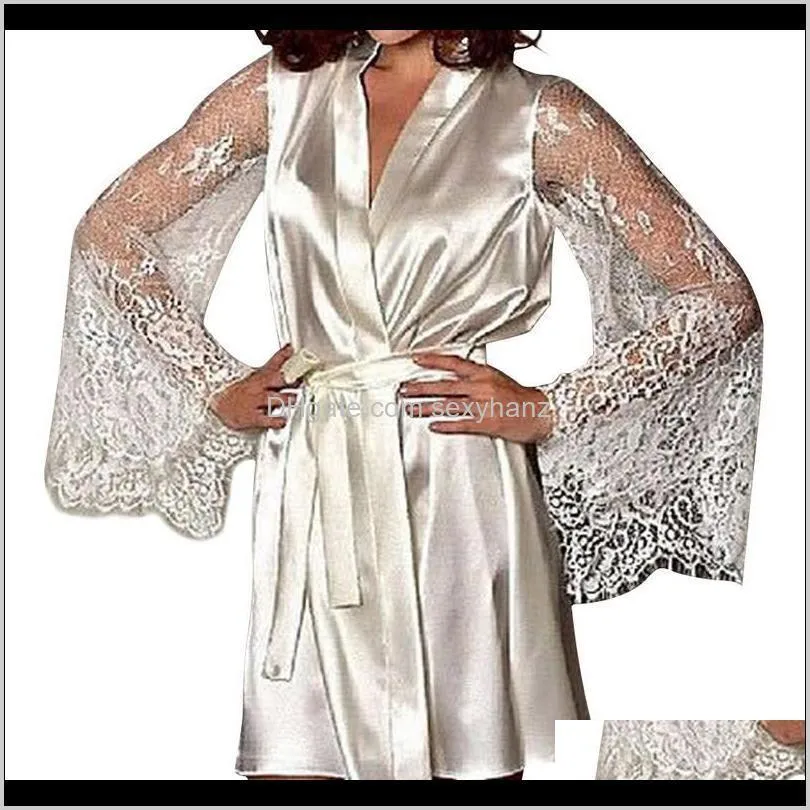 women`s robe sexy pajama bathrobe dress long sleeve silk lace nightgown with belt sleepwear robe women bathrobe night gown loose1