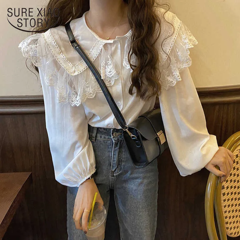 Spring Office Lady Tops Fairy Peter Pan Collar Basic Blouse Chic Lace Chiffon Puff Sleeve Casual Vintage Female Shirt 11767 210528