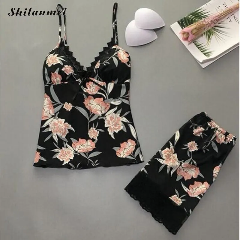 Floral Sleepwear Women Sexy Lace Pajama Set 2020 Summer New Lounge Cute Two Piece Pajamas V-Neck Camis Bottom Set Nightdress X0526