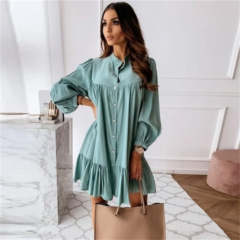 Kobiety Vintage Ruffled Front Button Dress Line Sukienka z długim rękawem Kołnierz Solidny Elegancki Casual Mini Wiosna 210806