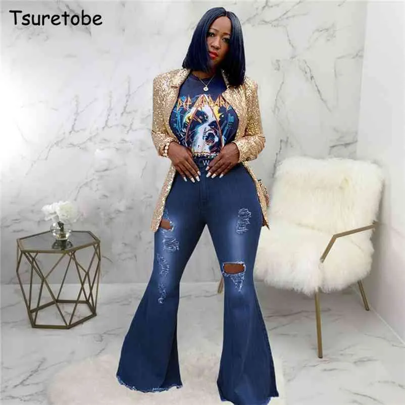 Tsuretobe Jesień Plus Size Flare Pant Ripplate Jeans Moda Wysoka Talia Szeroka Noga Casual Bell-Duszny Spodnie 210629