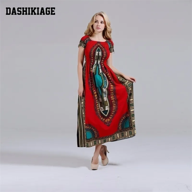 Dashikiage 100% algodão Dashiki Dashiki Longo Vestido Pétala Slash Pescoço Impressão Africana Maxi Vestidos - Dois Estilos Vestindo 210408