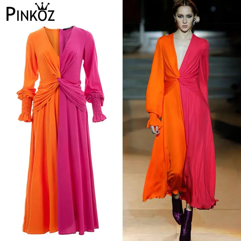 runway designer stylish patchwork block color asymmetrical maxi dress lady elegant v-neck flare sleeve spring summer robe 210421