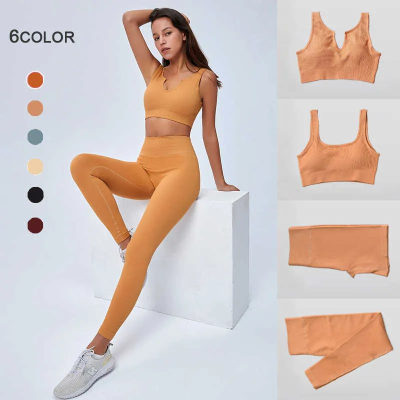 Oloeyer ribbed seamlyoga set kvinnor träning sportkläder gym kläder fitn2 bit hög midja leggings sport bh topp set x0629