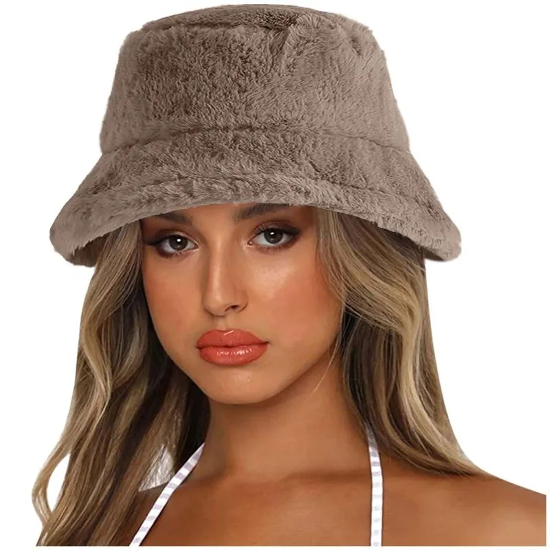 Large bord chapeaux seau chapeau mode couleur unie hiver épais chaud fausse fourrure en peluche femmes laine polaire dames Panamas casquettes de soleil # GM