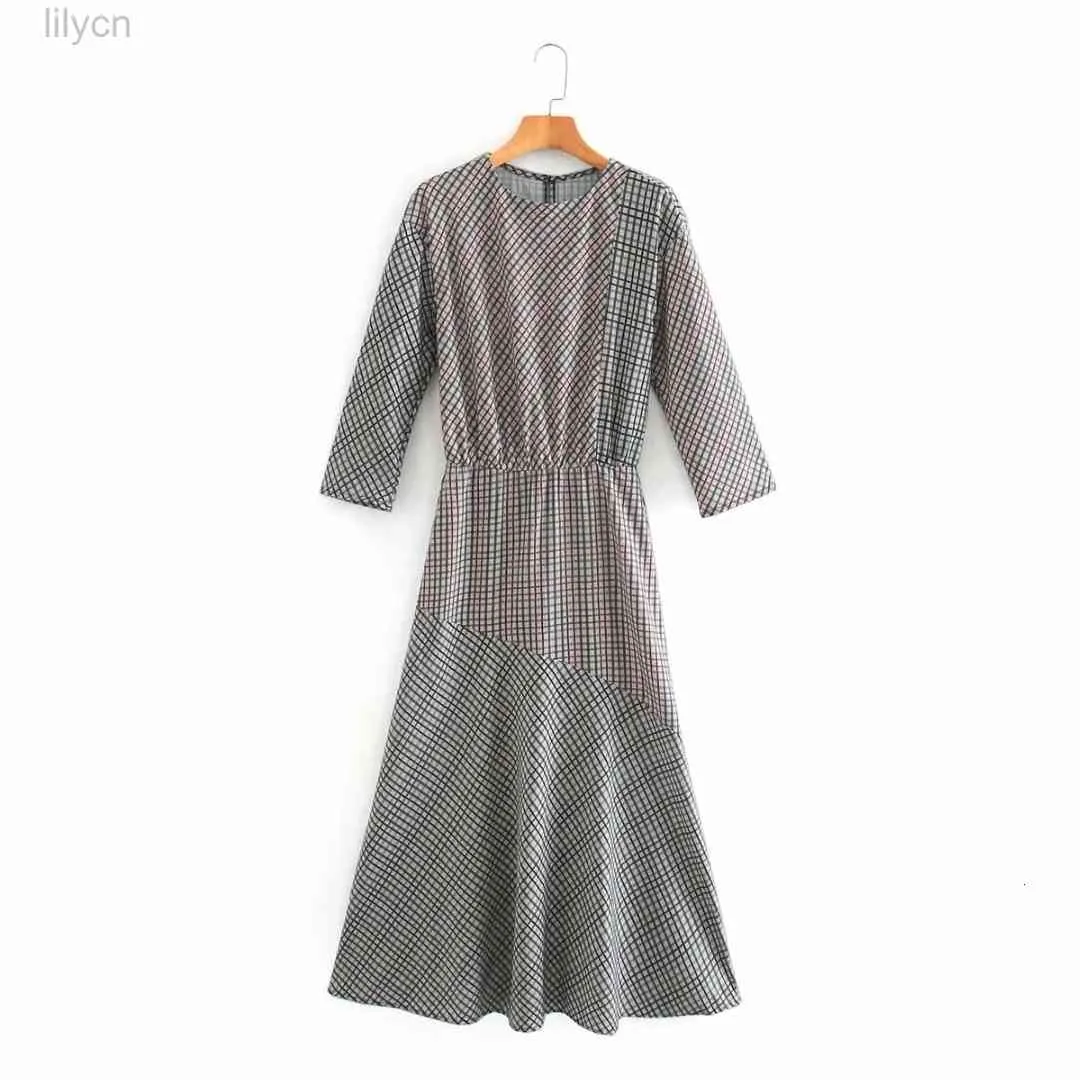 print Crew Sexy dress designer Clothing Long Sleeve New1 Fall Autumn new women's Dresses fashion with Plaid Midi Casual