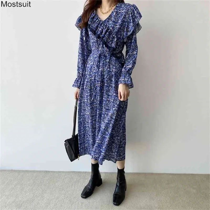 Wiosna Kwiatowy Druku Sukienka Kobiety Z Długim Rękawem Tunika Elegancki V Neck Loose Es Korean Party Pink Blue Robe Femme 210513