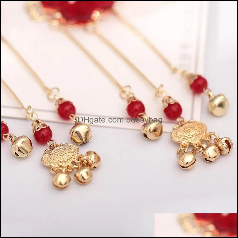 Other FORSEVEN Vintage Headdress Long Tassel Pendant Hair Pin Step Shake Clips Red Flower Headpeice Bride Wedding JL