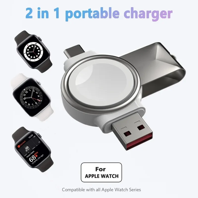 Chargeur de montre intelligente magnétique sans fil portable 2 en 1 pour iwatch 7 mini interface USB type-c pour Apple Watch 6 se 5 4 3 charge rapide et portabilité