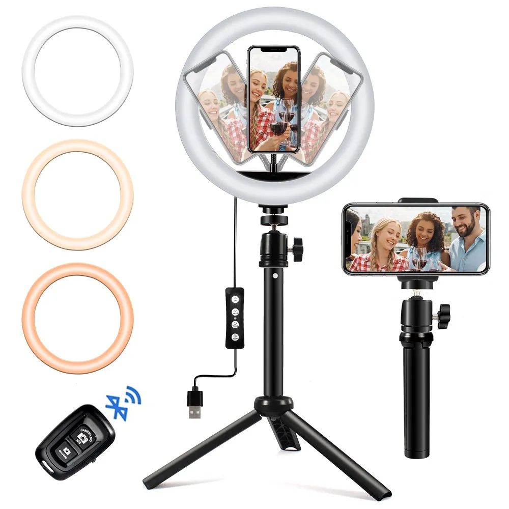 Treppiede per fotografia con luce ad anello a LED da 26 cm con luce ad anello per make up Luce ad anello per selfie con supporto per streaming da studio all'aperto