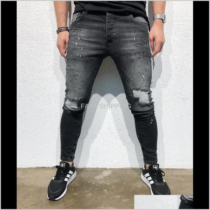 mens fashion denim long pencil pants side striped ripped mens jeans clothes male black high street slim biker jeans shipping