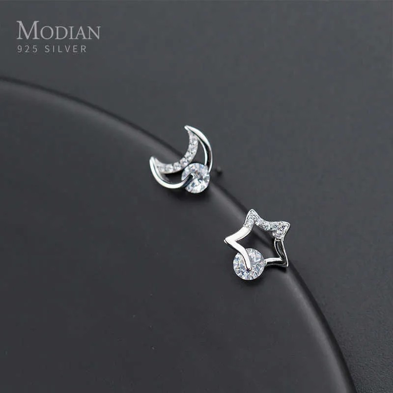 Unique Design Moon And Stars Boucles d'oreilles en argent pour femmes 925 Sterling Clear CZ Earing Fine Jewelry Accessoires 210707