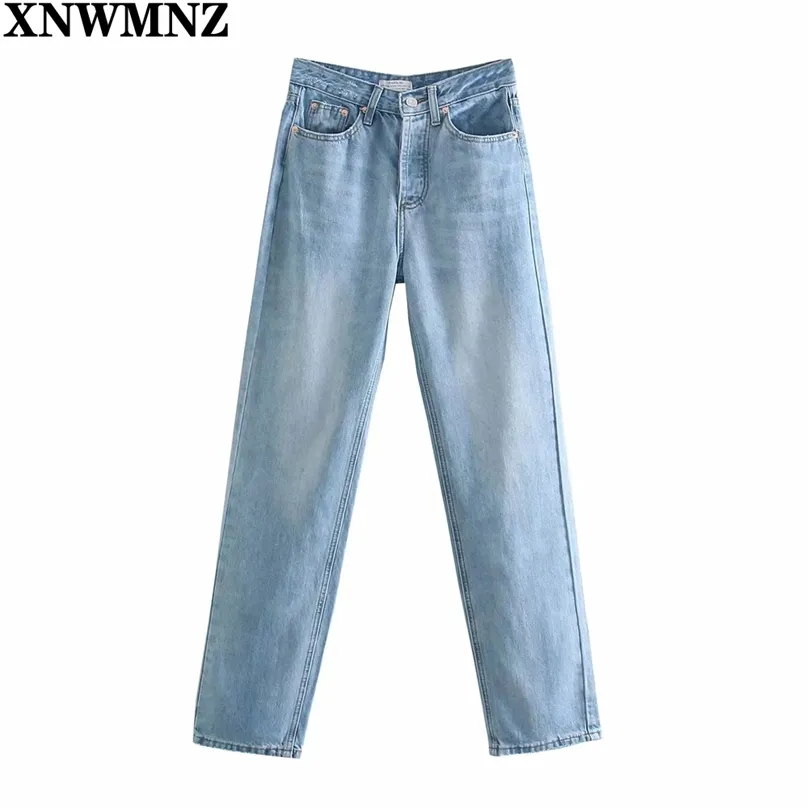 Women Fashion straight-leg mid-rise jeans Female high-waist faded Jeans pockets button fly denim pants Lady trousers 210520