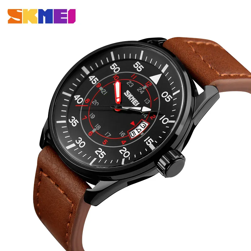 Skmei Men Quartz Watches 50m Waterproof Genuine Leather Wristwatches Man Relogio Masculino Fashion Casual Watch 9113 Q0524