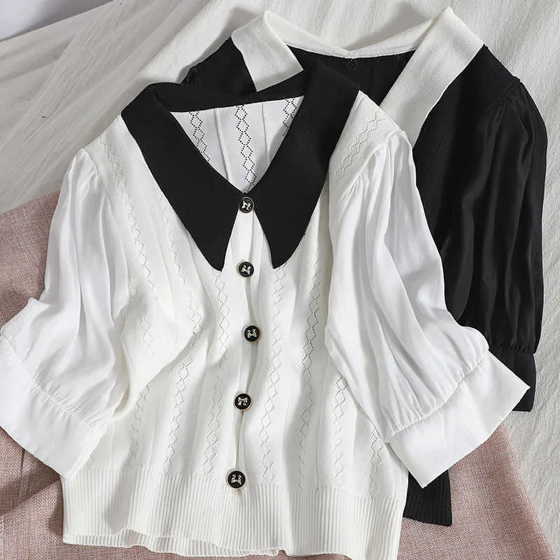 VANOVICH Korean Style Women Cardigan Lapel Wild Fashion Short-sleeved Spring and Summer Knit Tops 210615