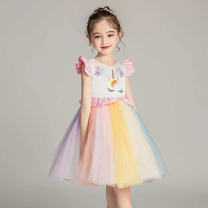 Elegant Flying Sleeve Unicorn Rainbow Evening Gown For Little