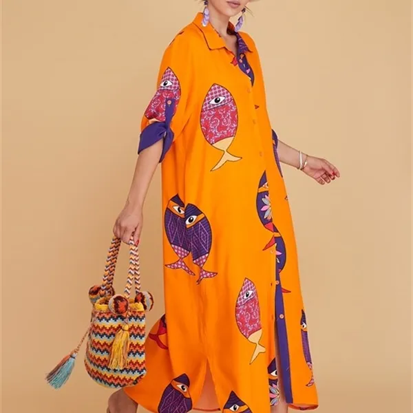 Fiskmönster Långknappad Boho Dress 2021 Autentiska Mode kläder för kvinnor med 6 olika färgalternativ Q0712