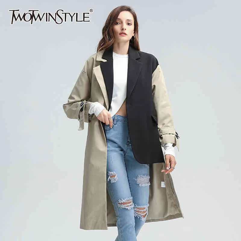 Patchwork Hit Color Windbreaker For Women V Neck Long Sleeve Asymmetrical Hem Sashes Windbreakers Fashion 210524