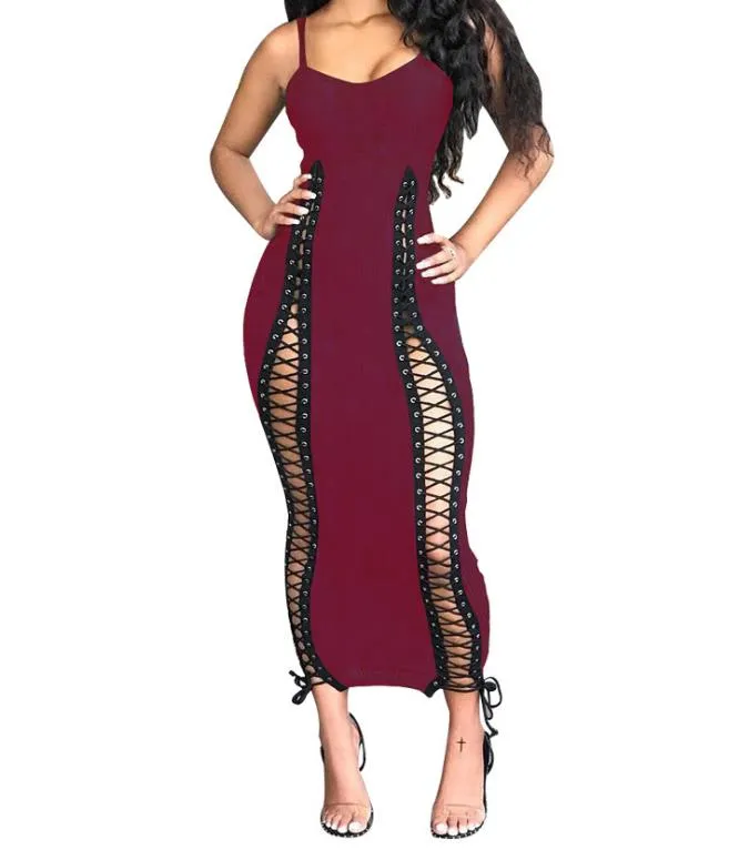 Женские сексуальные шнурки Bodycon Long Maxi платье спагетти ремни выпарить без спинки, вязаная ребристая повязка клуба Красная черная S-XL