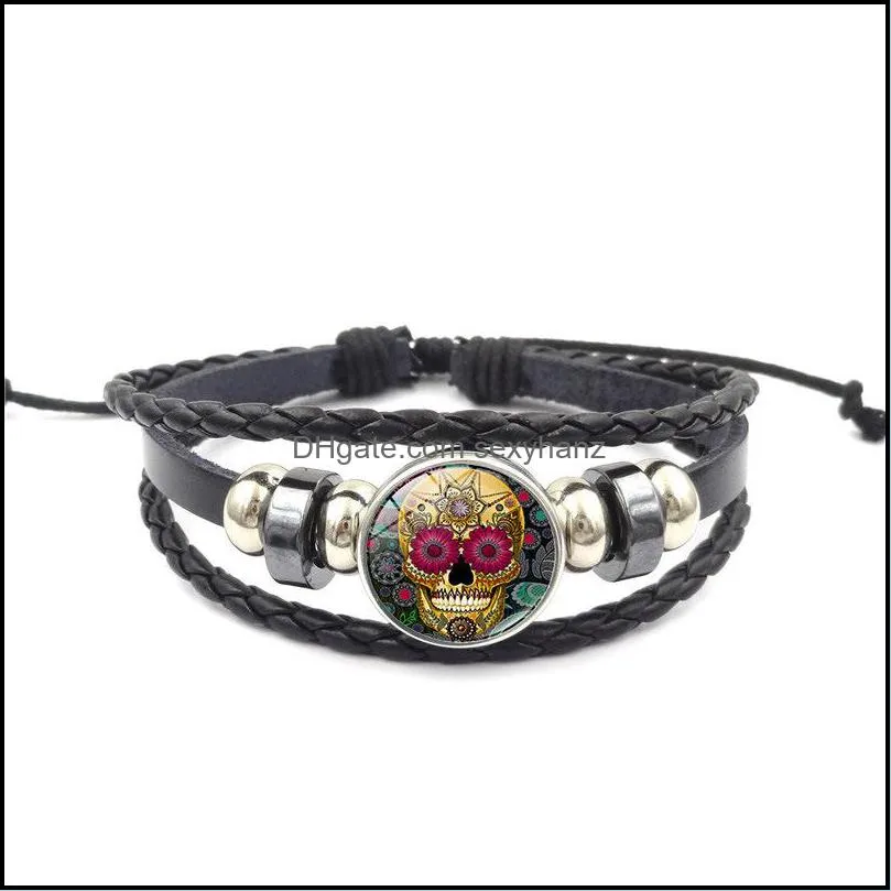 Sugar Skull Snap Button Charm bracelet For women men 18mm Ginger Snap Multilayer Rope bangle Fashion DIY Jewelry