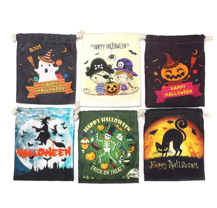 20*16cm/7.9*6.3inch Halloween Decoration Candy Bag Gift Wrap Pumpkin Witch Human Skeleton Ghost Canvas Cartoon Bags Drawstring Pocket Children Treat Party Supplies