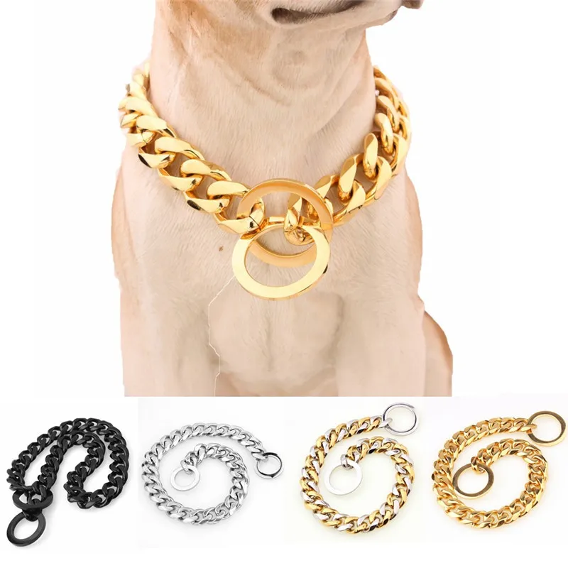 15mm Stainless Steel Pet Gold Chain Outdoor Sport Dog Collars Leash Corgi Pug Teddy Puppy Accessories