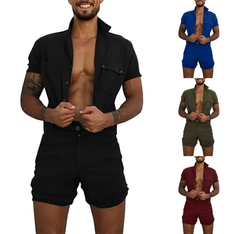 Overaller män shorts jumpsuit sommar mens ärm slim passform rompers streetwear casual knapp s byxor 210716