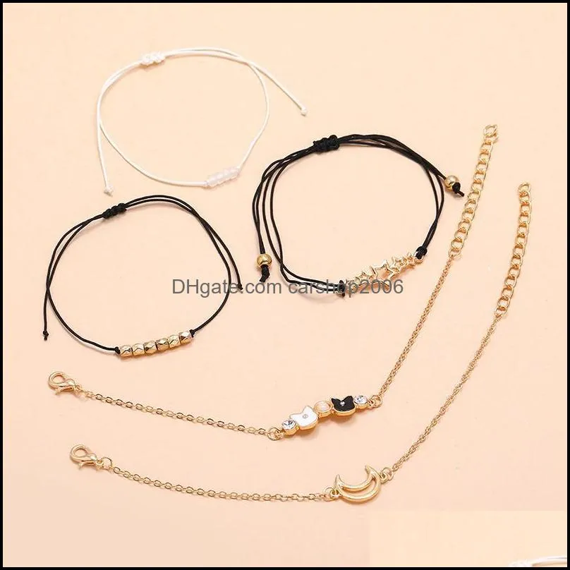 Link, Chain 5 Pcs/Set Women Fashion Bracelets Set Moon Cat Beaded Star Pendant Gold Color Bangle Ladies Boho Vintage Jewelry1