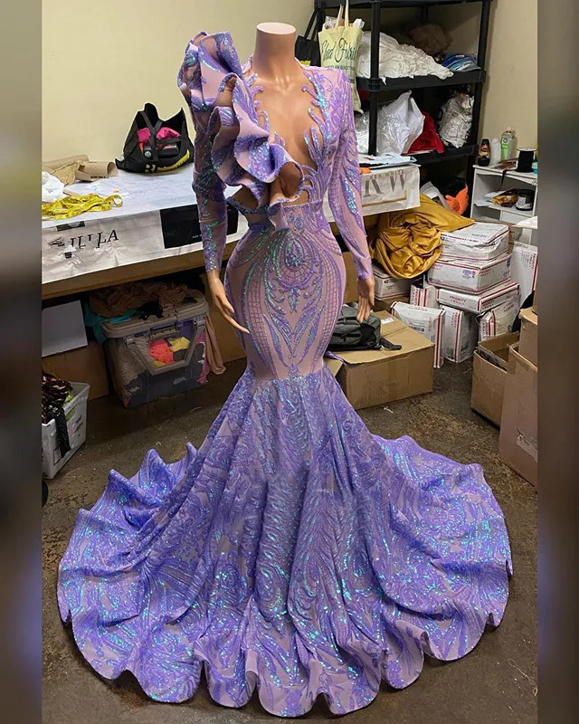 Laser Purple Aftonklänning Sexig V Neck Party Gowns Långärmad Glänsande Sequin Lace Mermaid Prom Klänningar Robe de Soiree Vestido