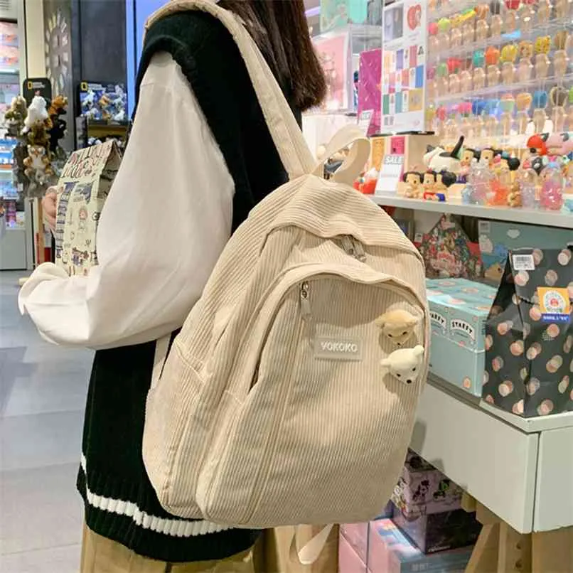 Streifen Nette Corduroy Frau Rucksack Schultasche Für Teenager Mädchen Jungen Luxus Harajuku Weibliche Mode Tasche Student Dame Buch Pack 210911