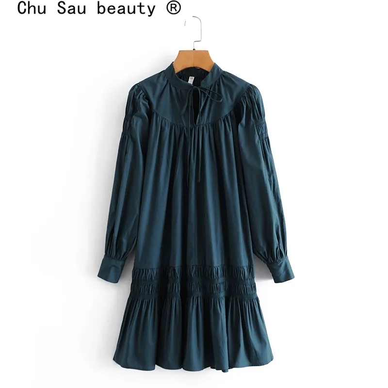 Fashion Spring Casual Chic Dark Green Puff Sleeve Midi Dress Women Street Wear Style Stand-up Collar Loose Dresses Female 210508