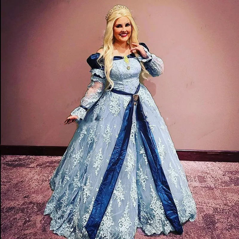 2021 Vintage Off Shoulder Prom Klänningar Långärmad Blå Cinderella Cosplay Inspired Lace Evening Party Gowns Kostym Quinceanera Klänning Söt 16 15 Årles