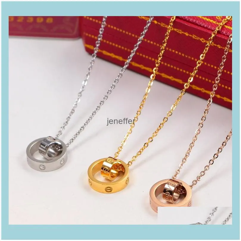 Fashion LOVE Dual Circle Pendant Rose Gold Silver Necklace For Women Lover Neckalce Jewelry With Velvet Bag No Box