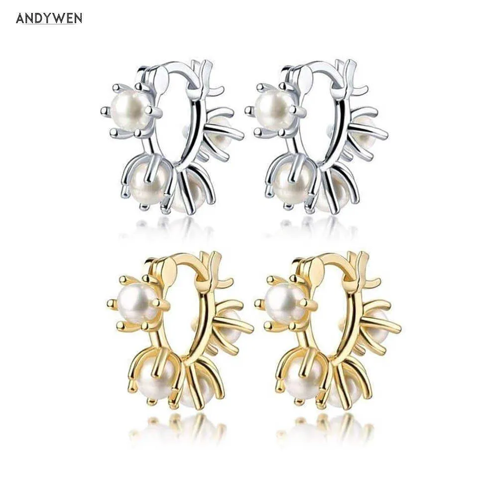 Andywen 925 Sterling Silver Gold Pearl Pendiente Hoops Earring Circle Round Zirkoon Natural Fashion Rock Punk Jewels 210608