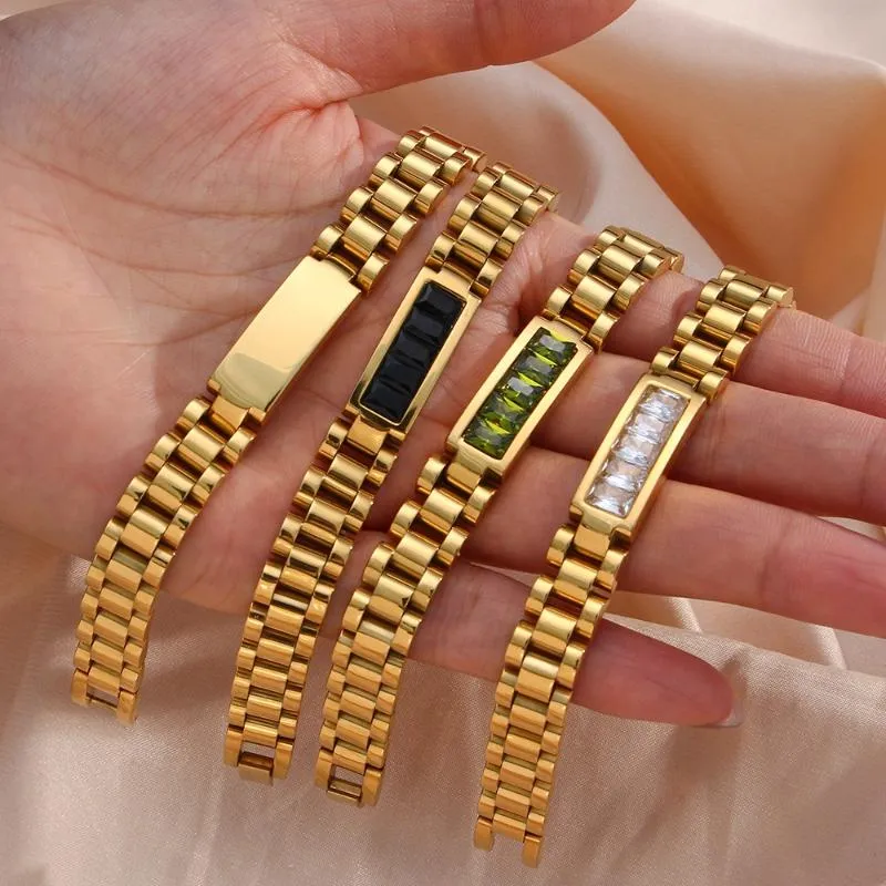 Länk, Kedja Minimalistisk 18K guldpläterad Färgrik Watchband Zircon Armband Rostfritt Stål Bangles Chunky Vattentät Snygga Smycken