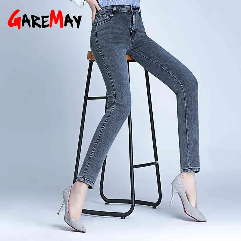 Biue Graue Jeans Slim Fit Hohe Taille Skinny Mom Femme Plus Size Stretch Denim Hosen Vintage Große Damen 210428