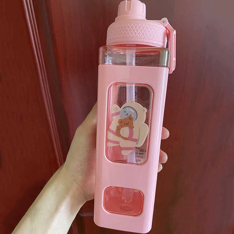 Kawaii Bären-Wasserflasche 800 Ml – Mit Strohhalm, Auslaufsicher, Farbverlauf, Inkl. Trageriemen