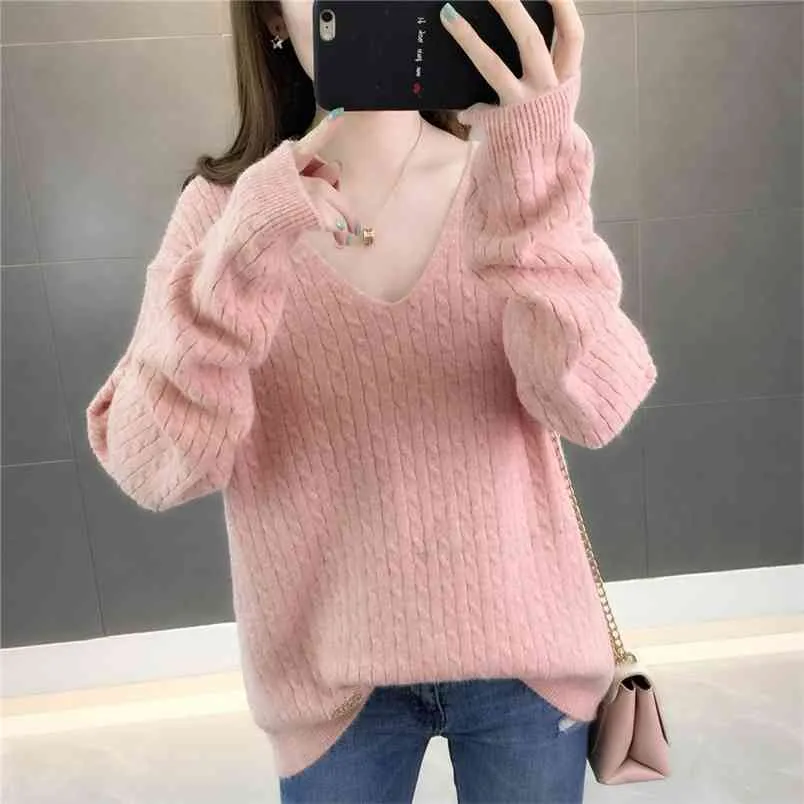 Höst V-Neck Sweater Kvinnors Koreanska Loose Short Base Knitwear Hooded Spring Tops 210427