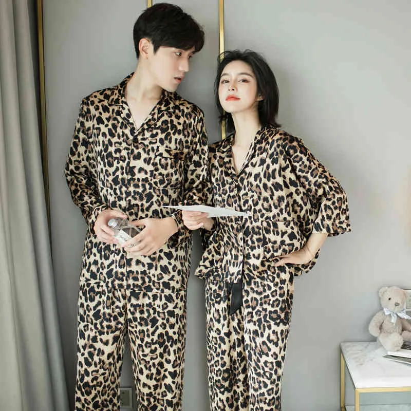 Leopard-Paar-Pyjamas-Set Langarm Weiche Seide-Pyjama-Sets Frauen Übergroße Mens Nachtwäsche Nachthemd Frühling Home Kleidung 210524
