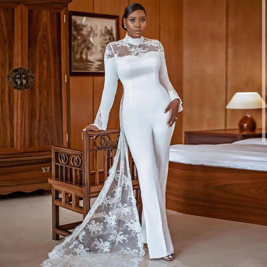 High Neck White Lace Bridal Jumpsuit with Detachable Train and Long Sleeves  - Floor-Length Wedding Pant Suit