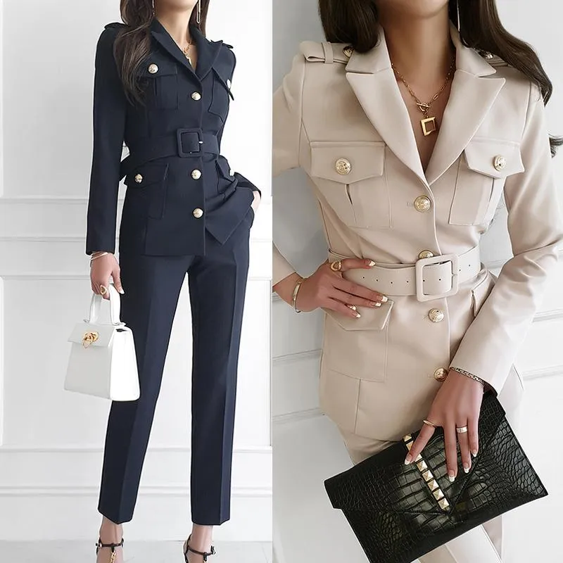 Женские двуспальные брюки костюм ol set старинные blazer элегантный бизнес носить высокую талию однобортное пальто с поясом Slim Lady