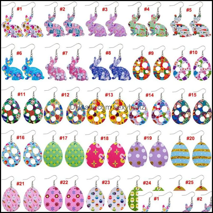 Leather Easter Earrings Dangle Earrings Easter Egg Rabbit Shape Colorful Double-Sided Printing For Girls and Woman GWB12020