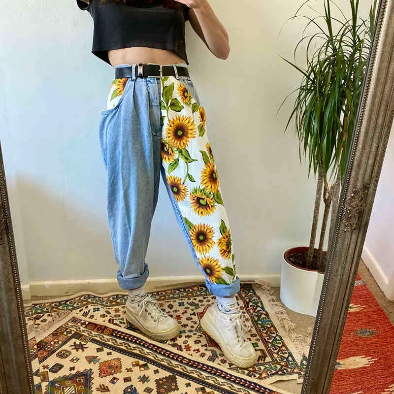 Trend Sunflowers Printed Light Blue Jeans fit women young Girls soft denim long pant patchwork Harem hight waist jeans 210222