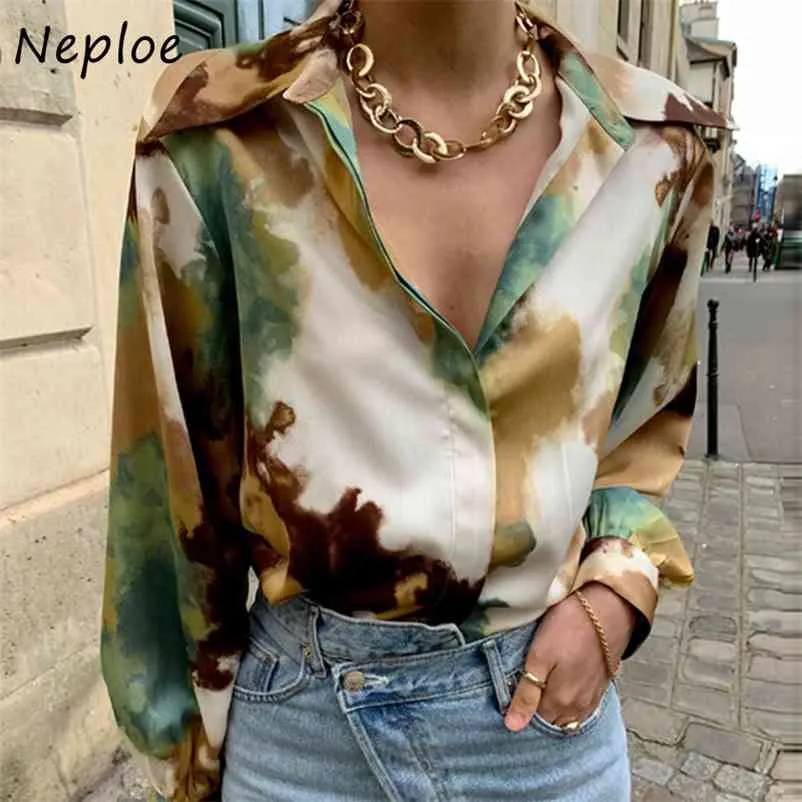 Vintage Print Inkt Tie Dye Blouse Dames Turn Down Collar Lange Mouw Single Borst Blusas Spring Losse Shirt Wild 210422