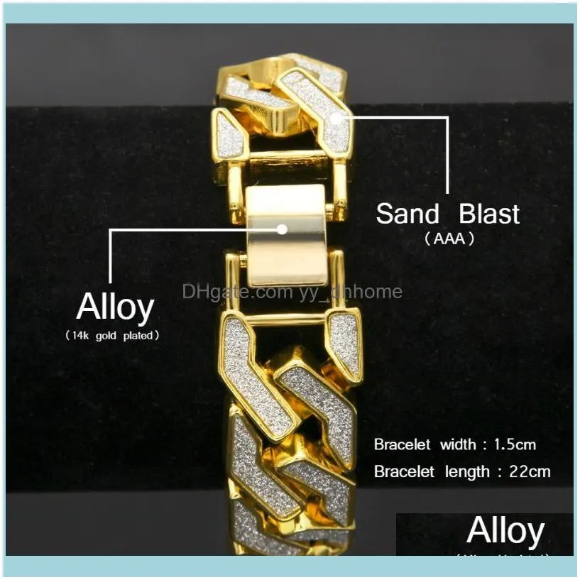 Link, Chain 2021 Sand Blast Bracelet Cuban Link Alloy Iced Out Hip Hop Gold Color Heavy 18 Mm Mens