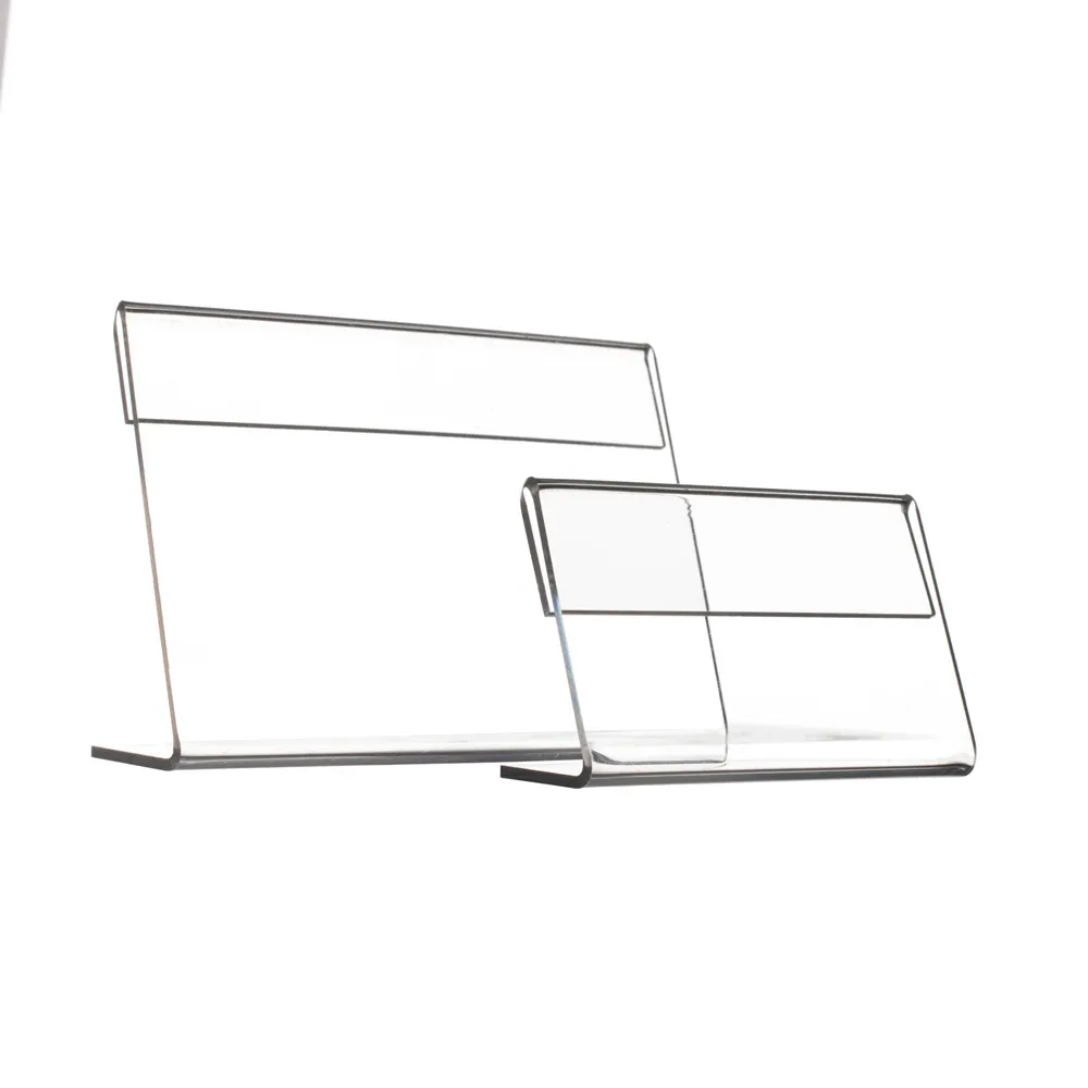 Reklam Display T1.2mm Clear Acrylic Plastic Sign Pappersetikett Kort Prislapp Holder L -formad Stand Horisontell p￥ tabell 50st Olika mindre storlek